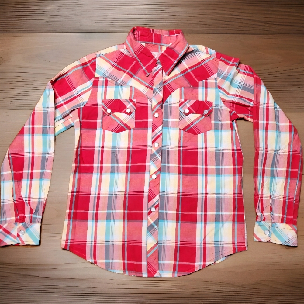 Roper Kids 100% Cotton Pearl Snap Western Shirt Size M 7/8 Red & Turquoise